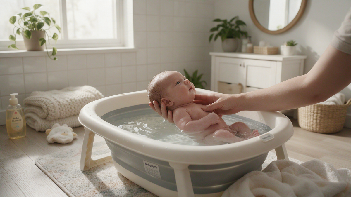 Nyfødt baby bliver badet i et lille sammenklappeligt badekar med hovedet støttet