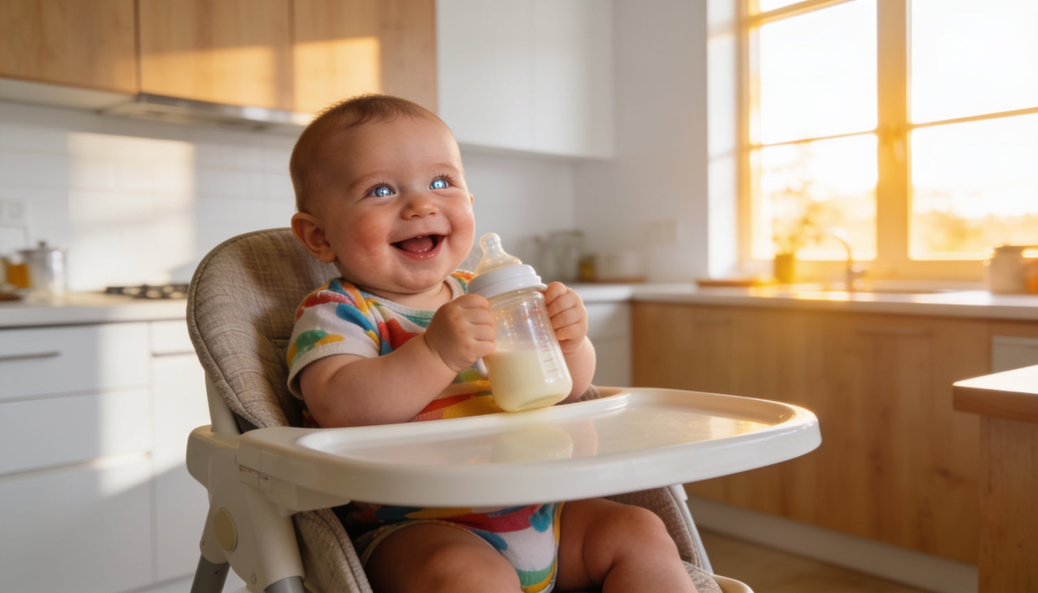 Glad baby på 6 måneder i høj stol med sutteflaske