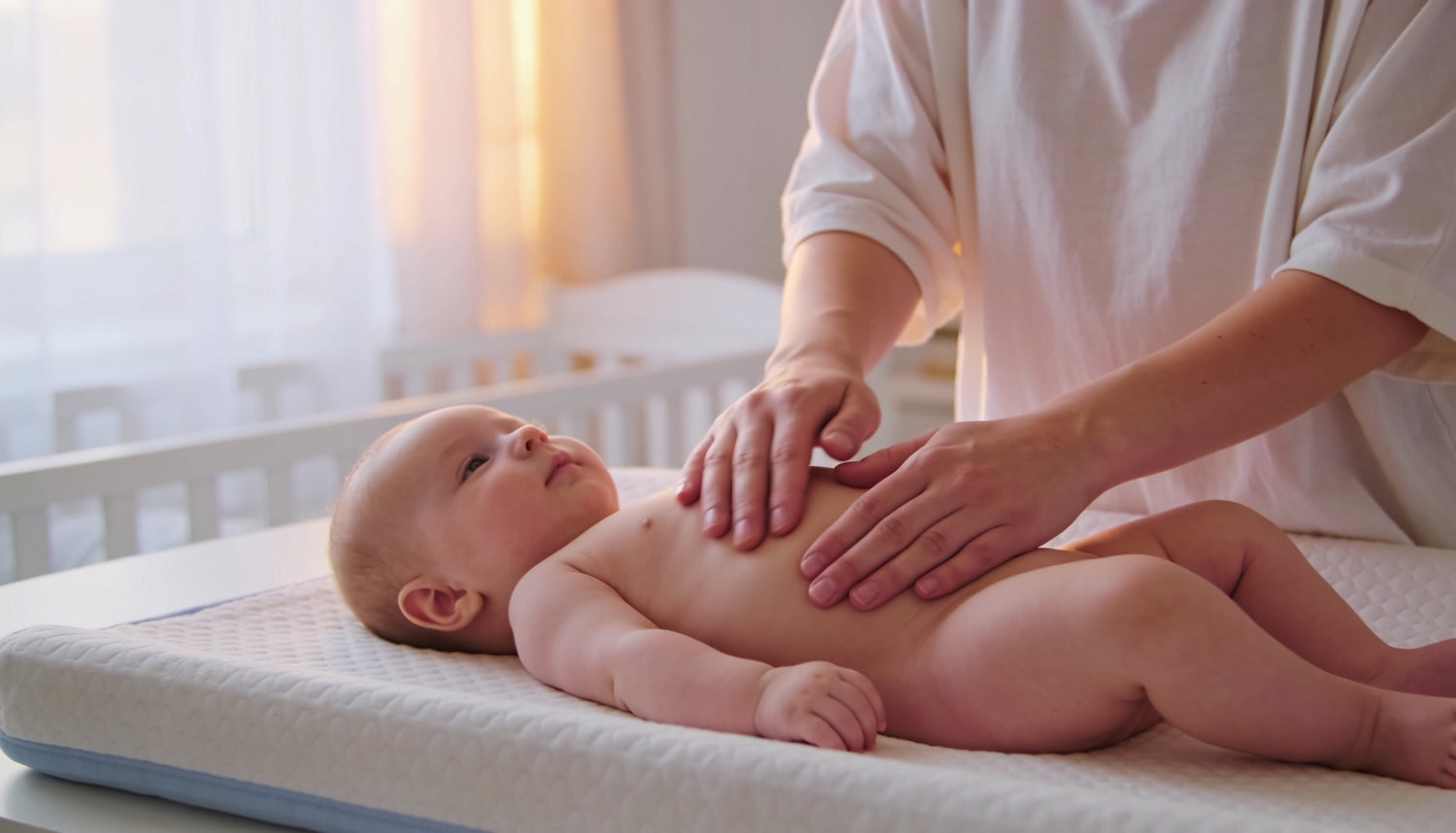 Forælder giver baby blid mavemassage mod forstoppelse