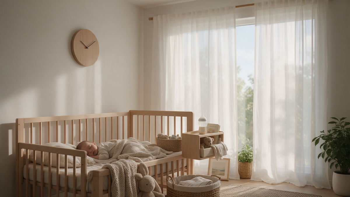 Baby sover middagslur i en tremmeseng i dagslys med en sutteflaske og en bog på hylden