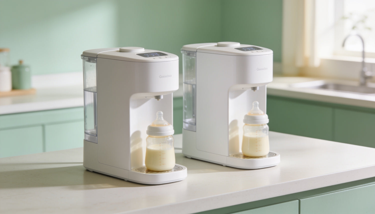 To moderne maskiner til flasketilberedning side om side på køkkenbord – sammenligning af Swirly og Baby Brezza