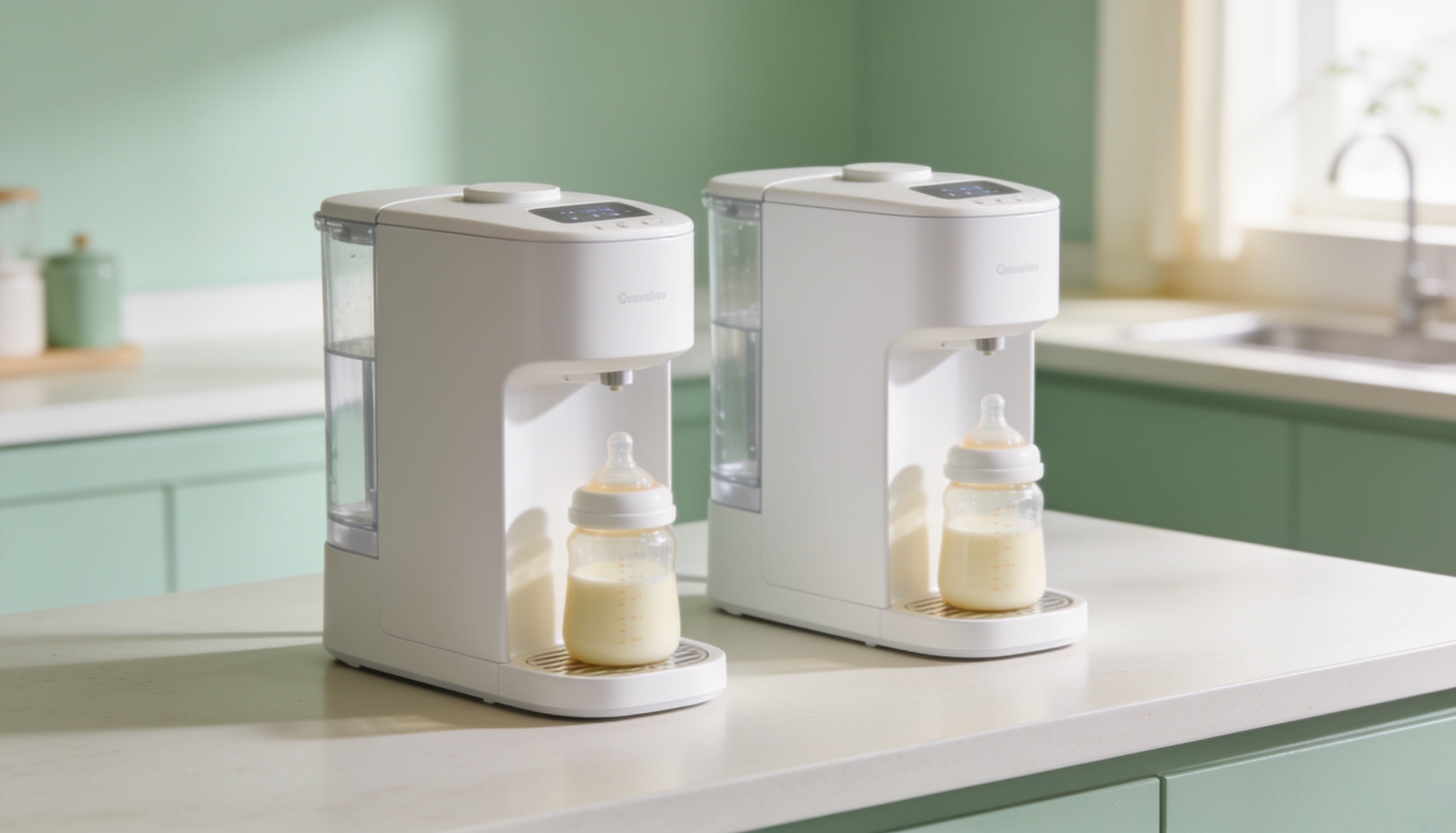 To moderne maskiner til flasketilberedning side om side på køkkenbord – sammenligning af Swirly og Baby Brezza