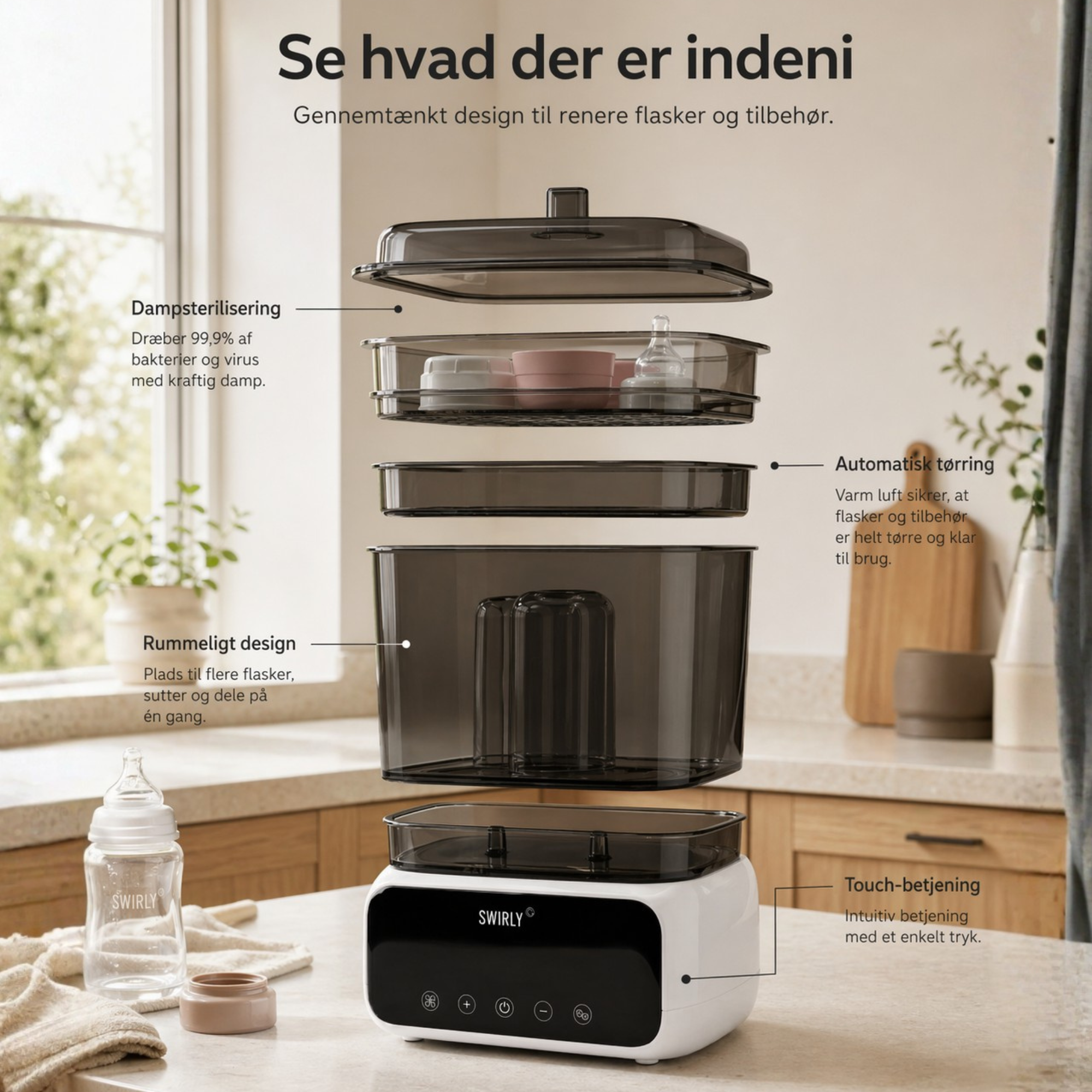 Swirly PureSteam – 4-i-1 Sterilisator & Tørreapparat til Sutteflasker og Babyudstyr